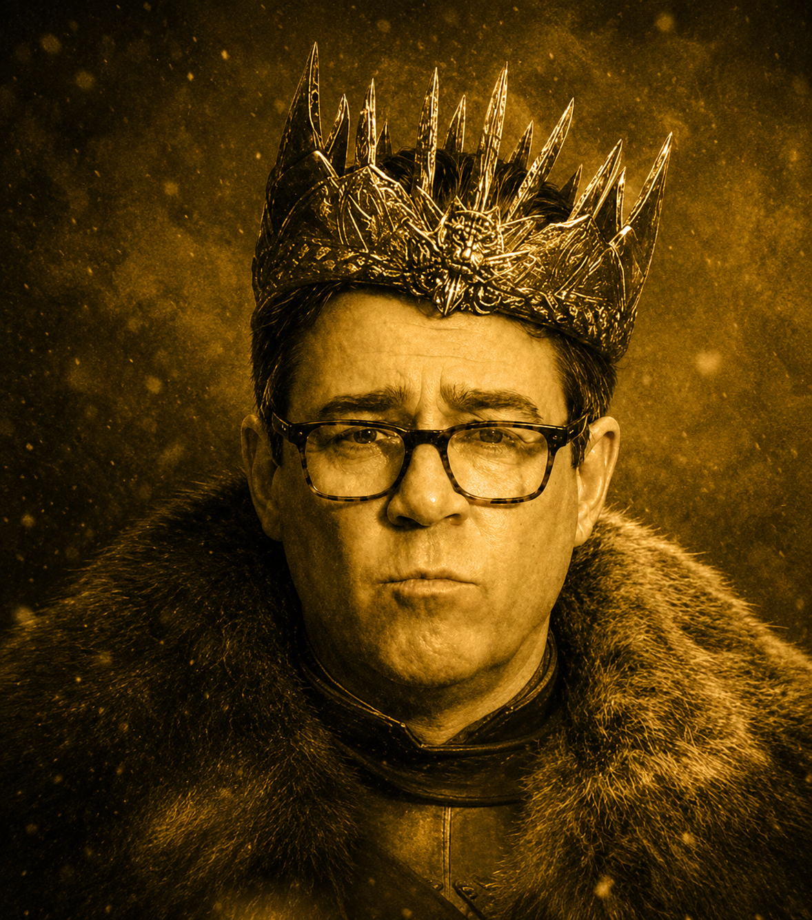 King of the Gold wearing a golden crown and fur cloak